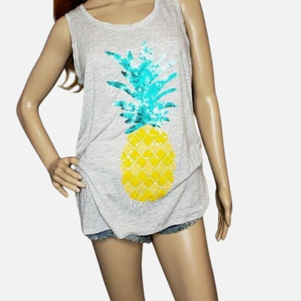 APT. 9 Sequin sparkle Pineapple Gray Sleeveless Tank Top Size S summer tropical